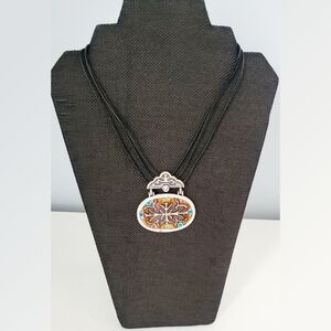 Chicos Triple Black Leather Strand Necklace with Mosaic Medallion Pendant 16"